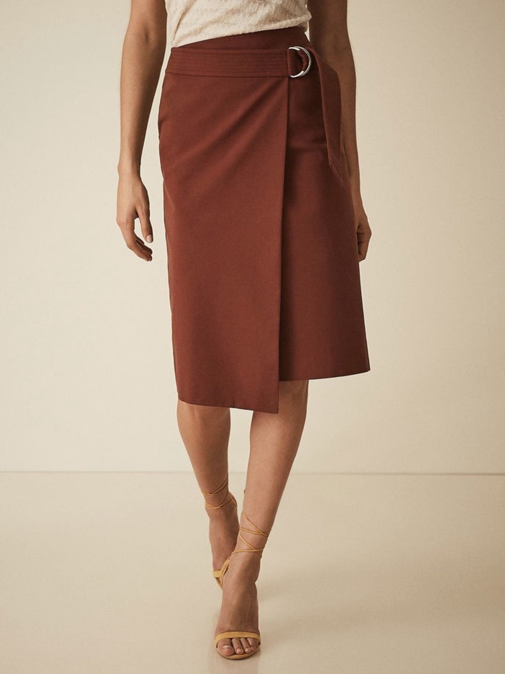 New Reiss Larkby Wrap Front Midi Skirt brown orange size 6